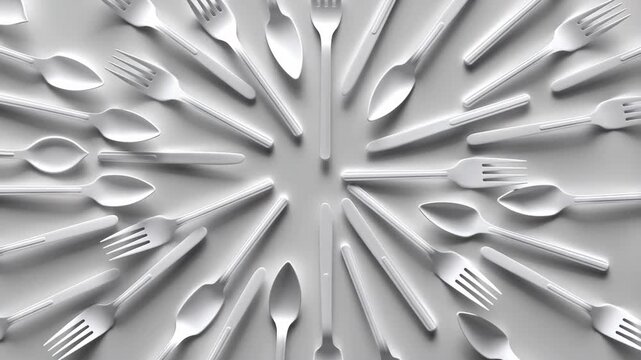 White plastic cutlery rotating in a hypnotic pattern
