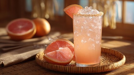 Iced grapefruit mocktail with pink citrus juice and crushed ice, glowing in sunlight, tropical healthy summer drink on rustic wooden table, refreshing non alcoholic beverage with fruity fresh flavor