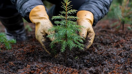 Planting a young tree in the soil with gloved hands.