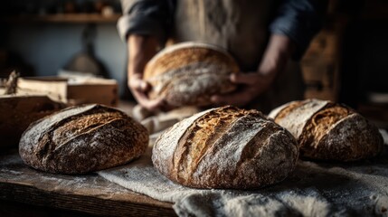 Freshly baked artisan bread loaves on rustic wooden table with natural light, warm homemade bakery atmosphere, traditional sourdough crust, perfect organic bread concept for bakery and food lovers
