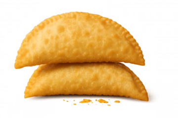 Two deep-fried empanadas stacked on top of each other, crunchy savory pastry snack with textured edges, transparent background