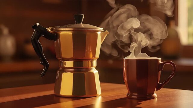 Aromatic Brew: A close-up shot of a steaming cup, showcasing the pleasure of coffee aroma, the coffeemaker, and the warm, inviting atmosphere.