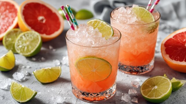 Fresh grapefruit and lime cocktail served with crushed ice and colorful straws, bright summer citrus drink for hot days, tropical mocktail concept, healthy refreshing beverage close up with fruit 