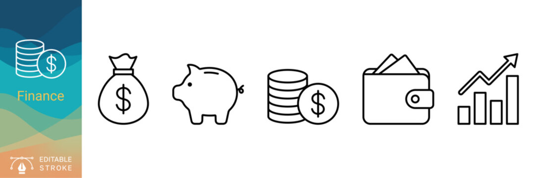 Finance vector icon set. Money bag, piggy bank, wallet, coins, and growth chart symbols in black line style for banking, savings, and investment design. Editable stroke.