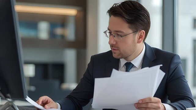 Focused Professional: A well-dressed business professional concentrates intensely, meticulously examining documents with a keen eye, exuding an aura of diligence and determination.