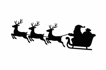 Black vector silhouette of Santa in sleigh flying with reindeers, minimalist design, isolated on white background, perfect for Christmas decoration.