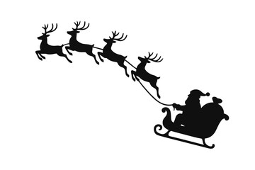 Black vector silhouette of Santa in a sleigh pulled by reindeers, flying in a curved path, minimalist festive design on white background. © VectorGomes