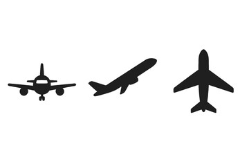 Black vector airplane icons collection showing clean shapes and perspectives, perfect for aviation, apps, and infographic layouts.