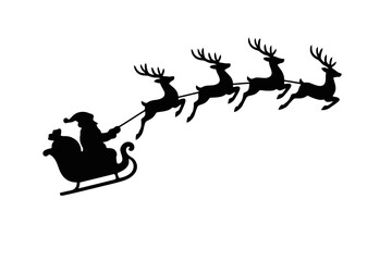 Elegant Christmas silhouette showing Santa&rsquo;s sleigh in motion with reindeers, perfect for holiday cards, prints, and winter designs.