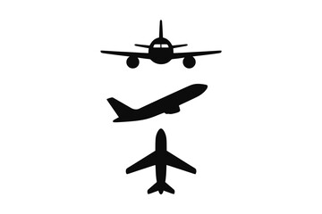 Set of three black vector airplane silhouettes in flat minimalist style, including front, side, and top views, ideal for travel or web design.