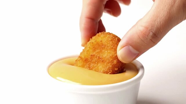 Chicken nuggets being dipped into honey mustard sauce, clean white background