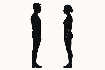 Fototapeta premium Black vector illustration showing male and female side profiles, balanced and elegant body shapes for anatomy, fitness, or design projects.