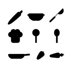 Silhouette illustration of kitchen tools, cookware, and vegetables for culinary purposes