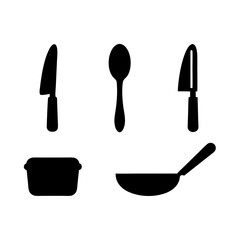 A variety of kitchen cooking and food preparation utensils are shown
