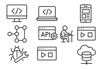 Collection of 9 linear icons about software development, featuring coders, scripts, and debugging tools for mobile and web apps.