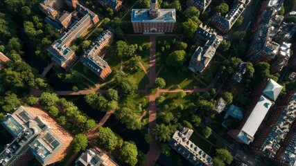 A stunning aerial view of a classic college campus with beautiful architecture and serene green spaces.