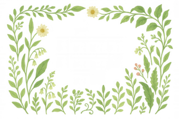 Watercolor floral frame with green leaves, plants, and yellow flowers, creating a delicate decorative border on transparent background