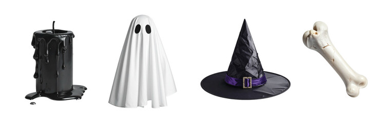 Halloween Asset Set: Bone, Candle, Witch Hat, and Ghost Mask Isolated on Transparent Background; Spooky Digital Clipart Collection