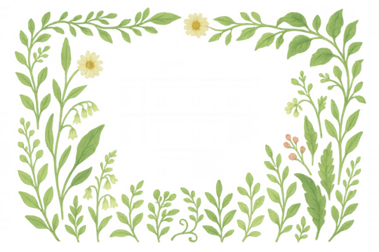 Watercolor floral frame with green leaves, plants, and yellow flowers, creating a delicate decorative border on transparent background