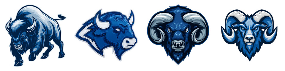 Powerful blue bison and ram mascot emblem set for sports teams and university logos, showcasing strength and determination, perfect for branding and competitive spirit