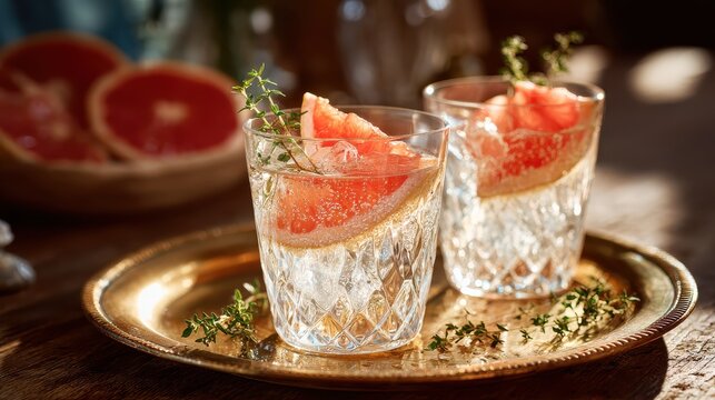 Elegant grapefruit cocktail served in crystal glass on golden tray, luxury bar drink with fresh citrus garnish, premium mixology concept, evening aperitif, refined alcohol beverage photography