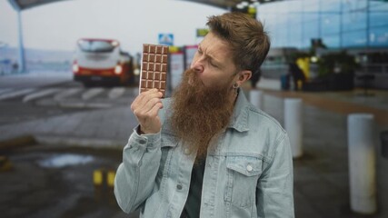 Man holds chocolate bar with raised hand and smiles and laughs broadly at airport terminal; sweet enjoyment.