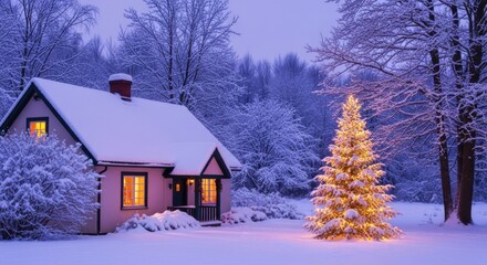 Cozy snowcovered cottage with a brightly lit christmas tree in a winter wonderland setting