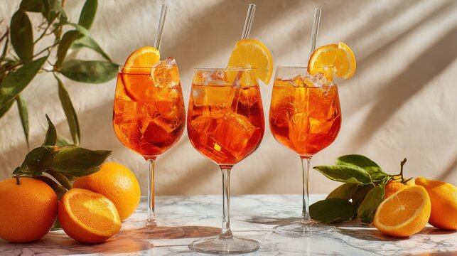 Refreshing Aperol Spritz cocktails with orange slices and ice on marble table under summer sunlight, elegant Italian aperitif drink concept, vibrant citrus atmosphere for bar and lifestyle themes
