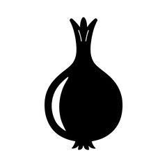 Black silhouette of a pomegranate fruit with stem and crown, isolated on white