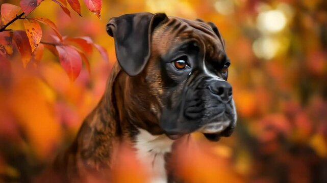 Brindle Boxer Dog Portrait Amidst Autumn Leaves