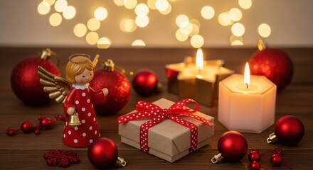 Christmas decorations including an angel figurine, gift box, candles, and red baubles on a wooden surface