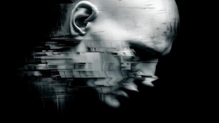 Man's head with data glitch effect. Artificial intelligence and digital cybernetic brain concept. Mental health and data processing. - Powered by Adobe