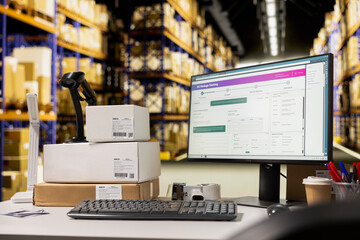 Fototapeta na wymiar Spacious organized warehouse with empty shelves and open supply room, optimized for retail brand inventory management and express delivery. Logistics center ideal for cargo distribution.