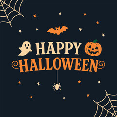 Happy Halloween illustration, United States. Pumpkin, ghost, spider, webs, bat. Celebration, event