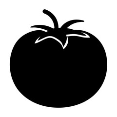 Stylized black and white tomato illustration with stem and leaf detail