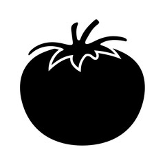 Black silhouette of a ripe tomato with stem and leaves, vector image
