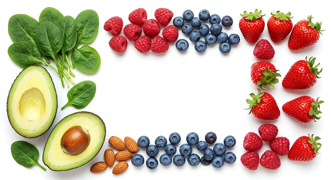 Vibrant array of fresh superfoods strawberries, blueberries, raspberries, spinach, avocado, and almonds creating a healthy frame