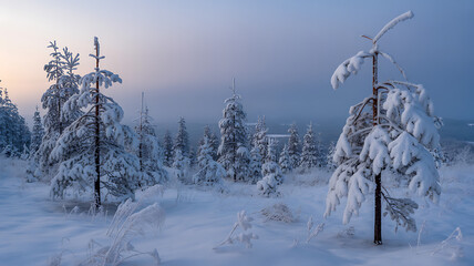 Obraz premium Serene Snow-Covered Pine Forest Landscape at Winter Dawn