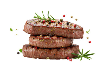 3 succulent beef steaks, char marks, stacked, seasoned peppercorns, rosemary, oregano on white background, soft studio light, close-up, intense appetite appeal concept