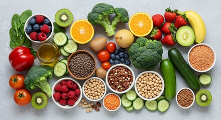 Abundant Arrangement of Fresh Fruits, Vegetables, and Grains for a Healthy Lifestyle