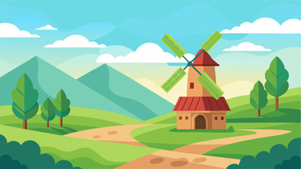 Fototapeta premium A peaceful countryside landscape comes to life with the presence of a towering windmill its blades generating a soft whisper in the air.