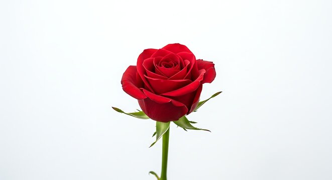 Vibrant single red rose blossom with delicate petals and a long green stem, symbolizing love and beauty against a minimalist white backdrop