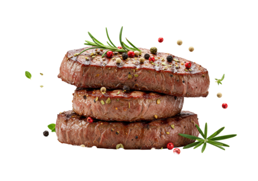 3 succulent beef steaks, char marks, stacked, seasoned peppercorns, rosemary, oregano on white background, soft studio light, close-up, intense appetite appeal concept