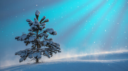 Ethereal Winter Landscape: Solitary Snow-Covered Pine Tree with Sparkling Snow and Blue Sky