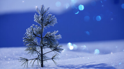 Magical Snow-Covered Pine Tree in Winter Wonderland with Sparkling Blue Bokeh Background