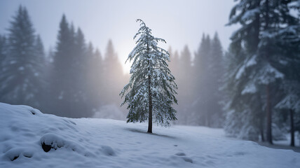 Lone Ancient Spruce Tree in Snowy Winter Forest Landscape at Dawn