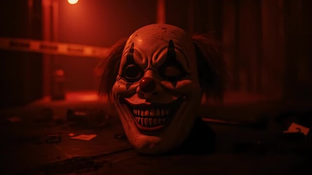 Sinister Clown Mask in Dimly Lit Crime Scene
