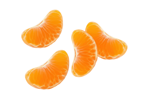 Four vibrant orange tangerine segments, freshly peeled, moist with white pith, falling dynamically against a transparent background, concept for fresh fruit advertising.