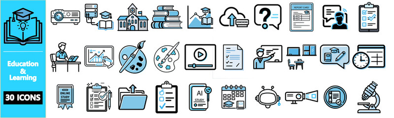 Set of education and learning icons in blue and black outline.