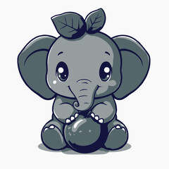 Fototapeta premium Cute cartoon baby elephant sitting and holding a dark fruit.